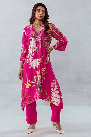 Pink Moss Floral Printed & Hand Embroidered Kurta Set by AROOP SHOP INDIA