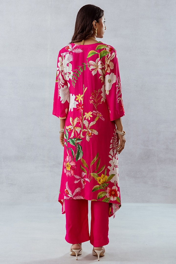 Pink Moss Floral Printed & Hand Embroidered Kurta Set by AROOP SHOP INDIA at Pernia's Pop Up Shop
