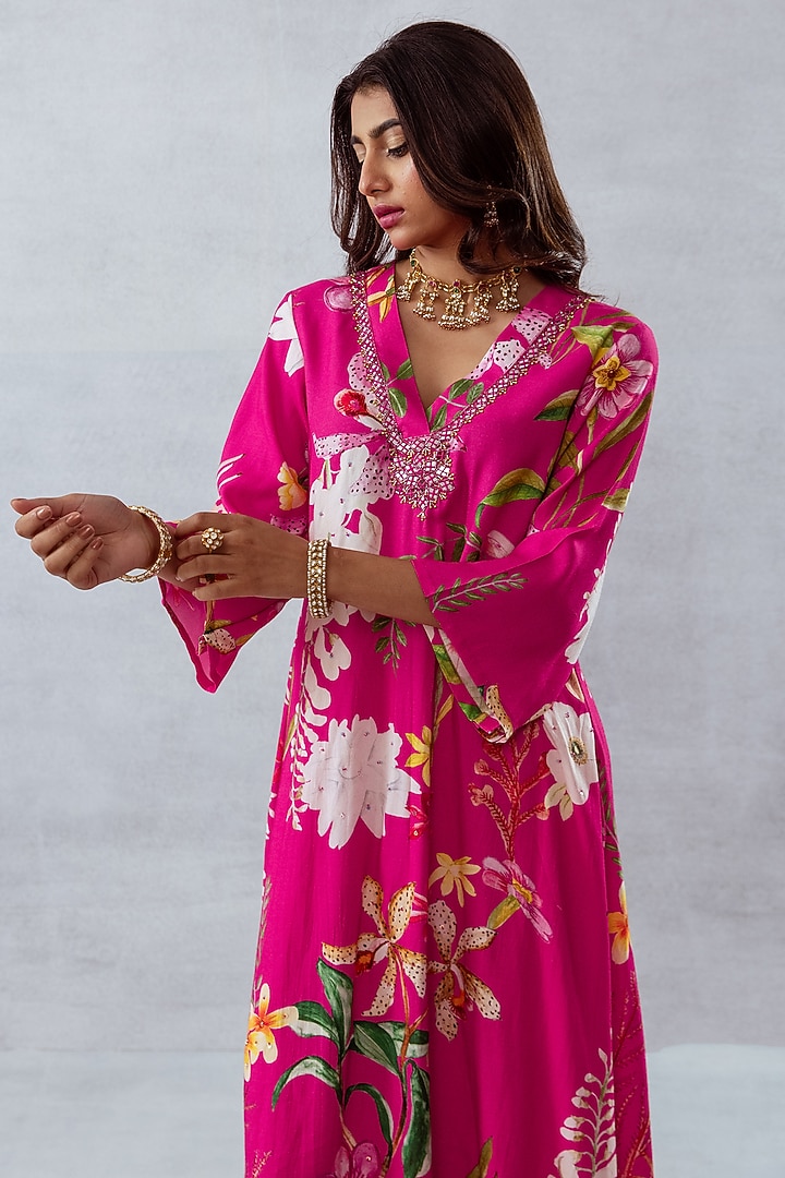 Pink Moss Floral Printed & Hand Embroidered Kurta Set by AROOP SHOP INDIA at Pernia's Pop Up Shop