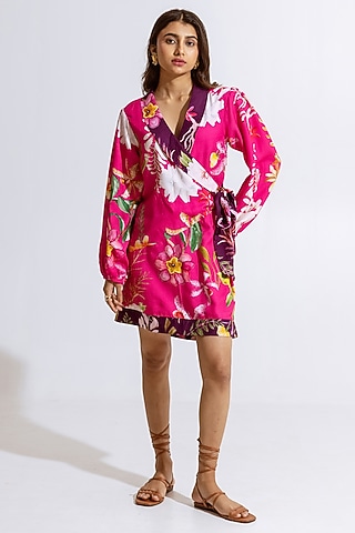 Pink Moss Floral Printed Wrap Mini Dress by AROOP SHOP INDIA