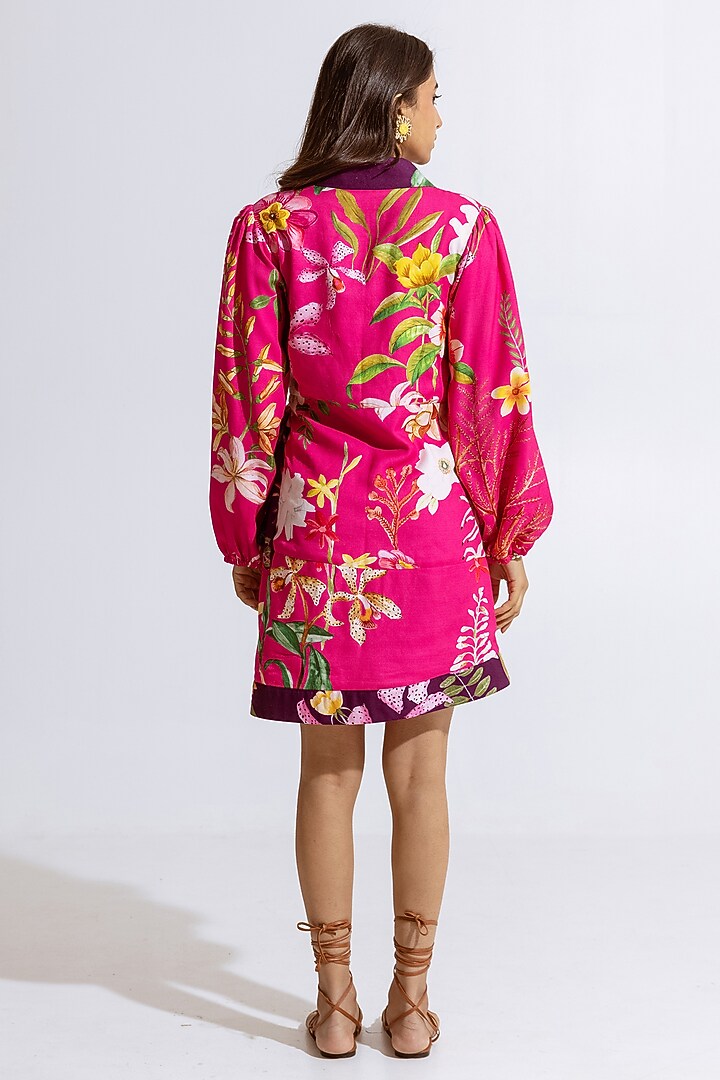 Pink Moss Floral Printed Wrap Mini Summer Dress by AROOP SHOP INDIA at Pernia's Pop Up Shop