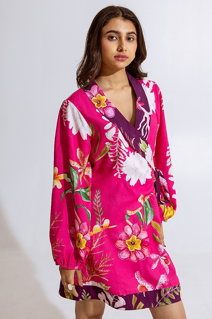 Pink Moss Floral Printed Wrap Mini Summer Dress by AROOP SHOP INDIA at Pernia's Pop Up Shop
