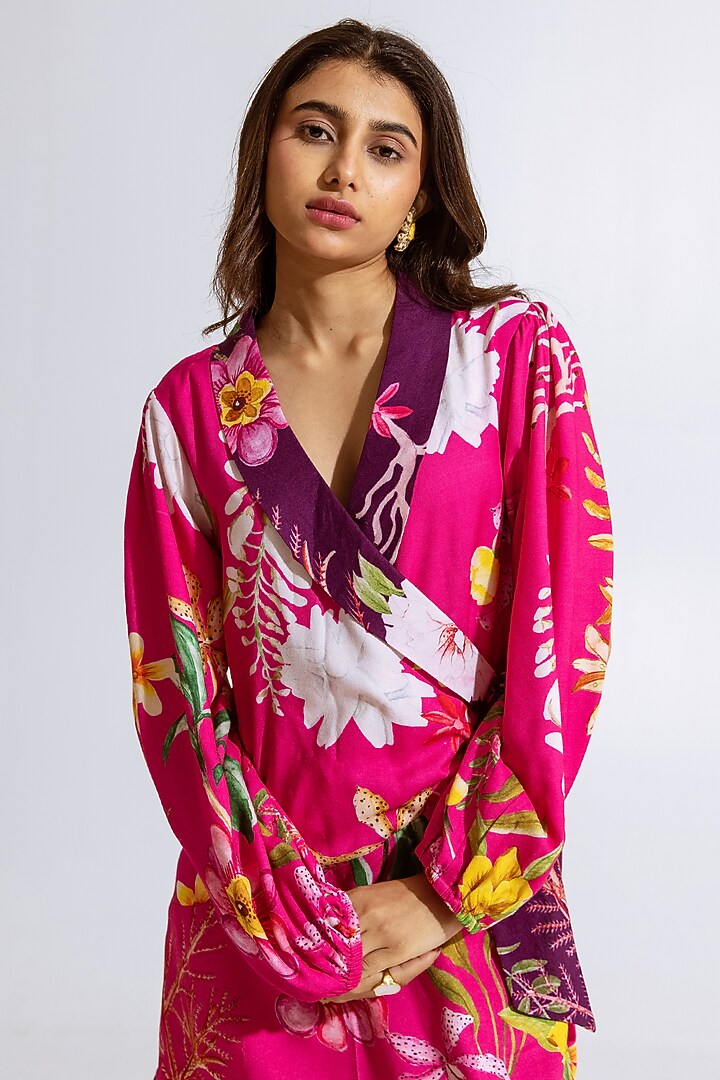 Pink Moss Floral Printed Wrap Mini Summer Dress by AROOP SHOP INDIA at Pernia's Pop Up Shop