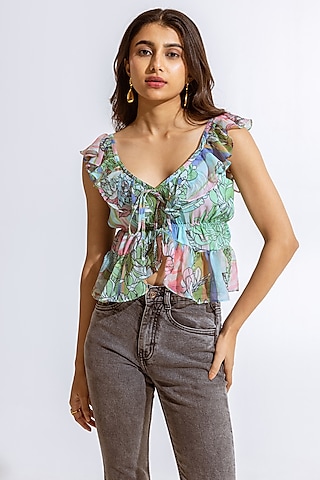 Green Recycled Chiffon Floral Printed Crop Top by AROOP SHOP INDIA