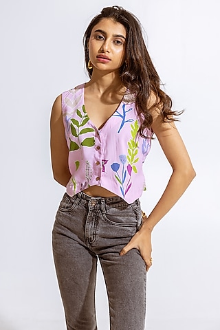 Pink Modal Floral Printed Vest Top by AROOP SHOP INDIA