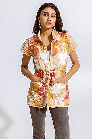 Beige Modal Floral Printed Jacket by AROOP SHOP INDIA