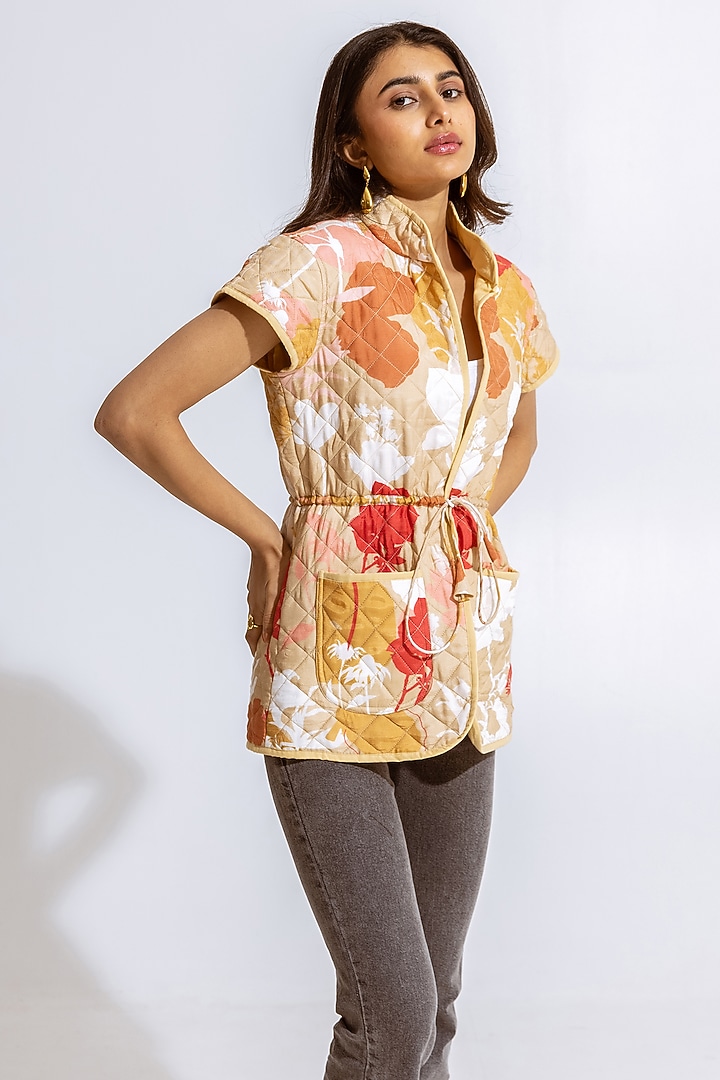 Beige Modal Floral Printed Jacket by AROOP SHOP INDIA at Pernia's Pop Up Shop