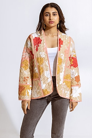 Beige Modal Floral Printed Jacket by AROOP SHOP INDIA