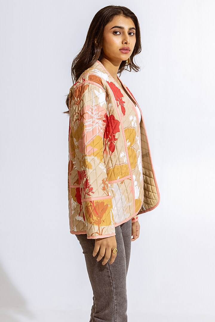 Beige Modal Floral Printed Jacket by AROOP SHOP INDIA at Pernia's Pop Up Shop