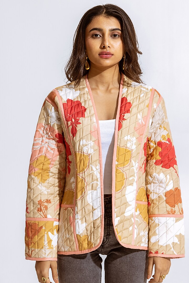 Beige Modal Floral Printed Jacket by AROOP SHOP INDIA at Pernia's Pop Up Shop