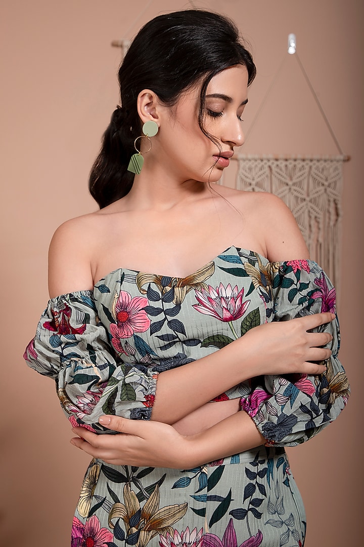 Lush Green Printed Off-Shoulder Top by AROOP SHOP INDIA