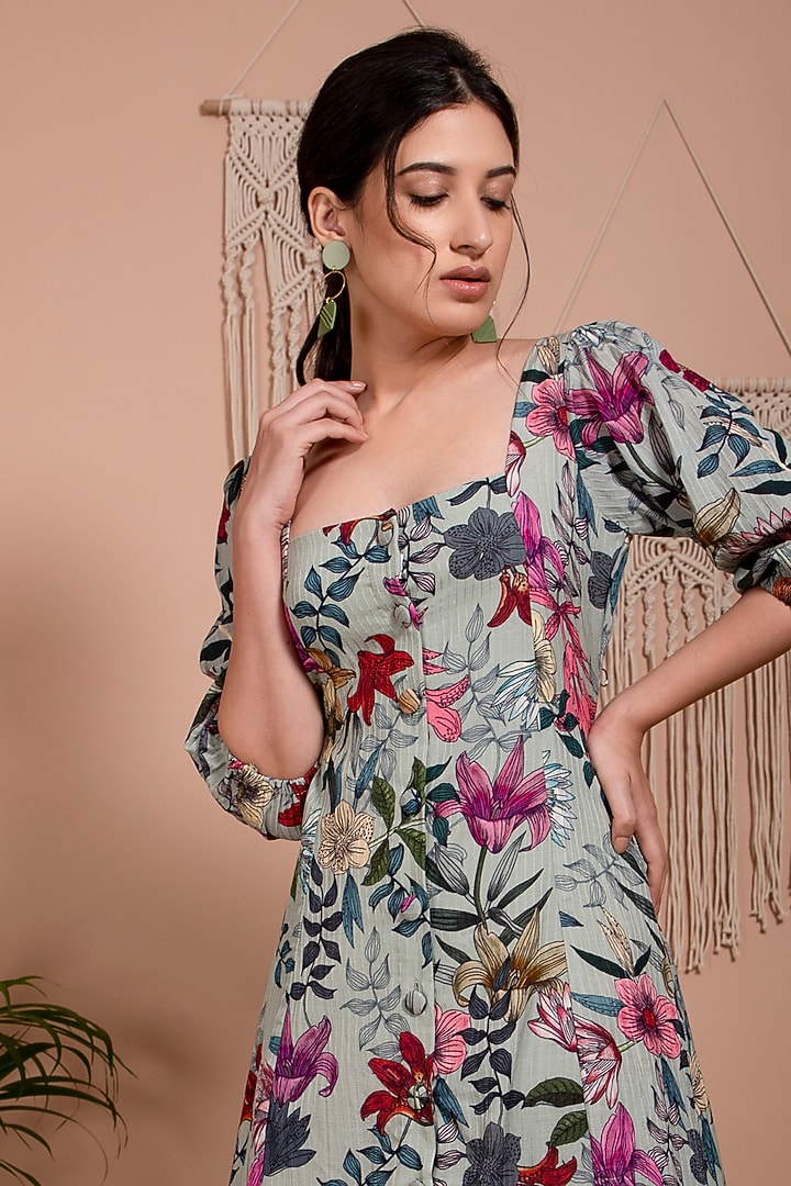 Lush Green Organic Bamboo Printed A-line Midi Dress Design by AROOP SHOP  INDIA at Pernia's Pop Up Shop 2026
