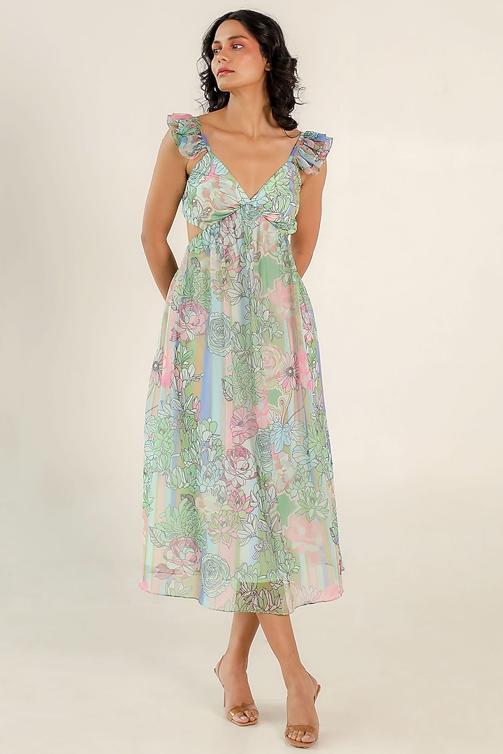 Mint Green Recycled Chiffon Floral Printed Midi Dress by AROOP SHOP INDIA
