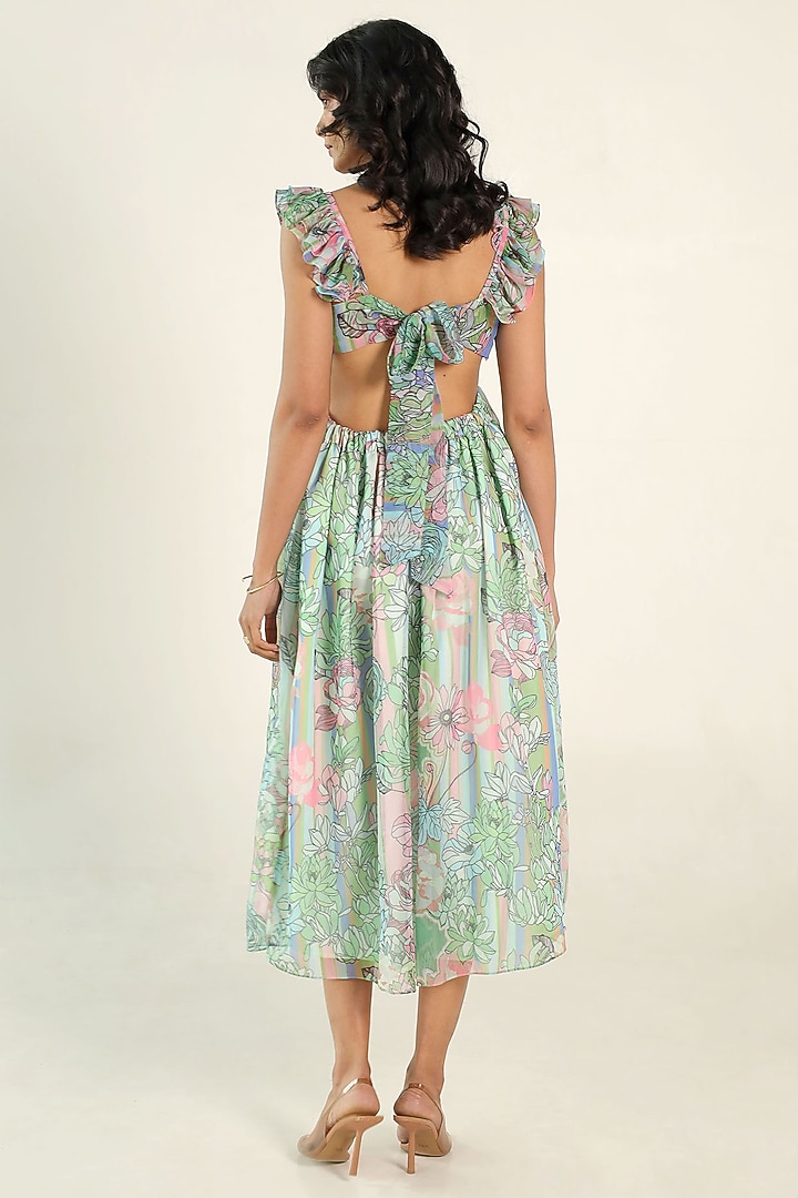 Mint Green Recycled Chiffon Floral Printed Midi Summer Dress by AROOP SHOP INDIA at Pernia's Pop Up Shop