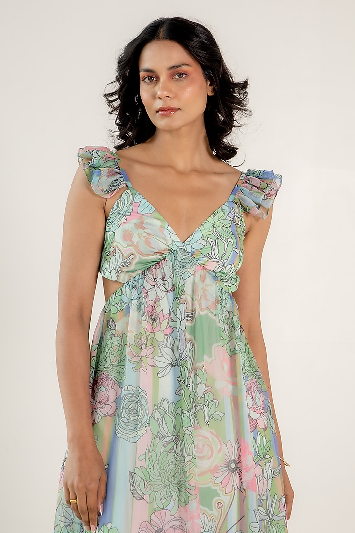 Mint Green Recycled Chiffon Floral Printed Midi Summer Dress by AROOP SHOP INDIA at Pernia's Pop Up Shop