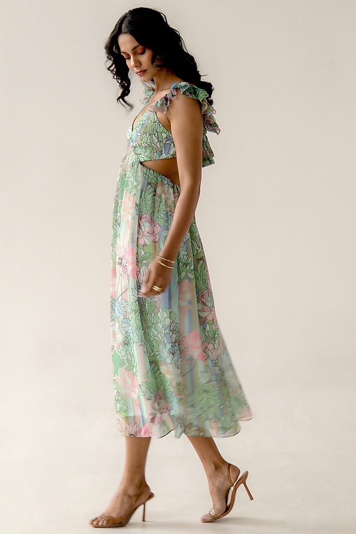 Mint Green Recycled Chiffon Floral Printed Midi Summer Dress by AROOP SHOP INDIA at Pernia's Pop Up Shop