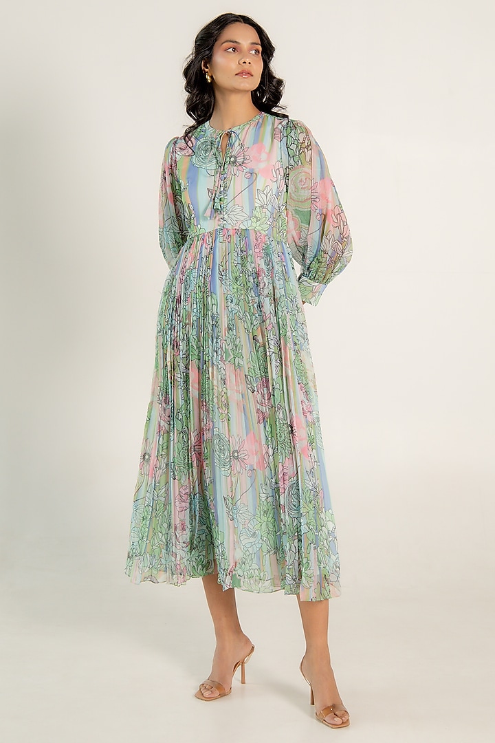 Mint Green Recycled Chiffon Floral Printed Flared Midi Dress by AROOP SHOP INDIA
