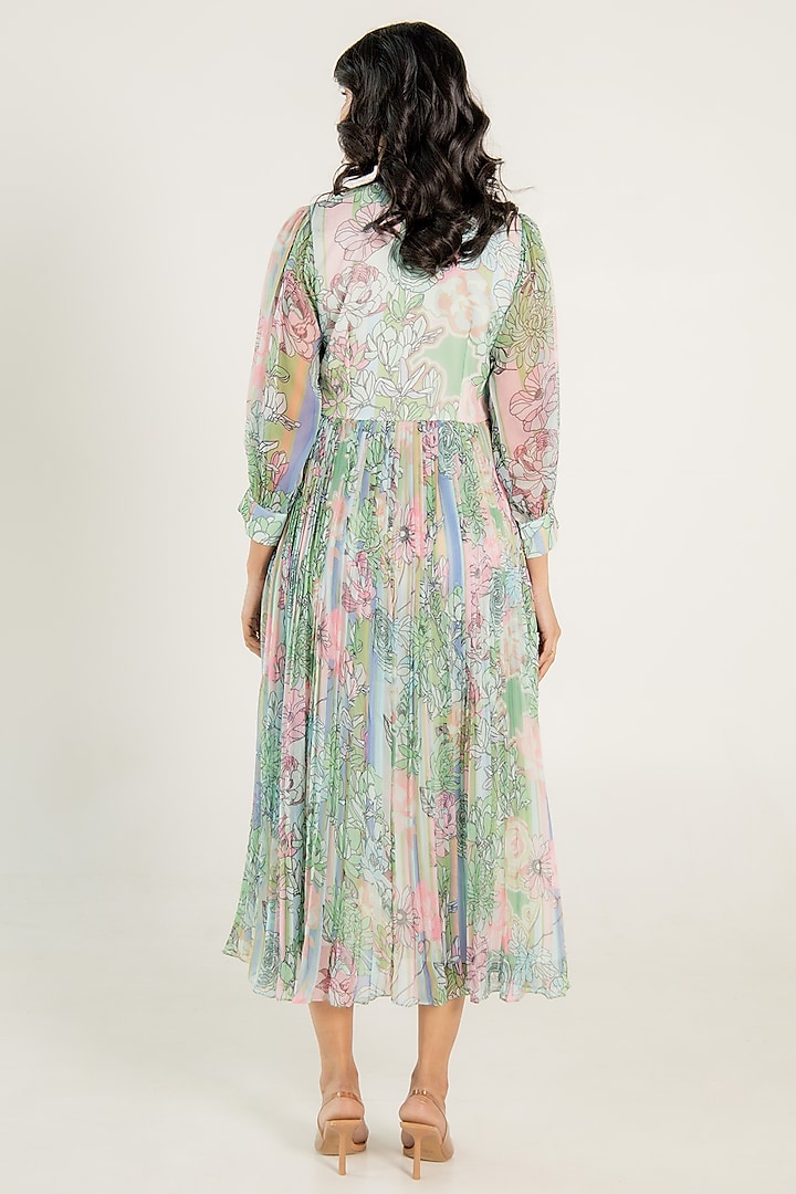 Mint Green Recycled Chiffon Floral Printed Flared Midi Summer Dress by AROOP SHOP INDIA at Pernia's Pop Up Shop