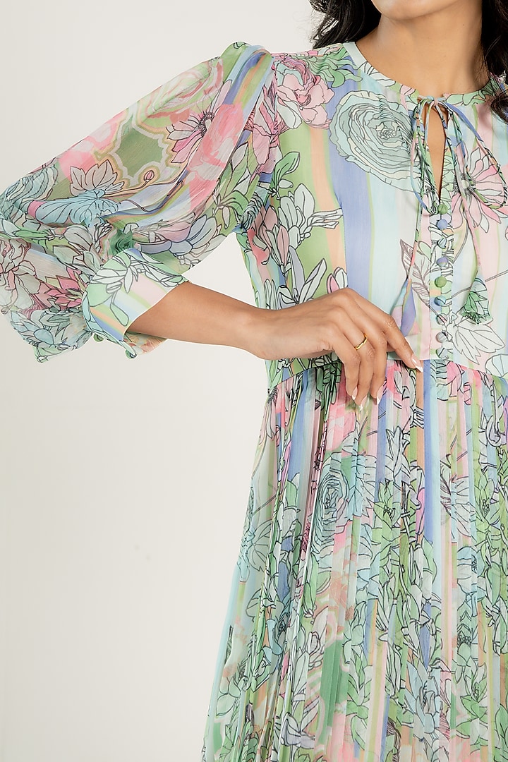Mint Green Recycled Chiffon Floral Printed Flared Midi Summer Dress by AROOP SHOP INDIA at Pernia's Pop Up Shop