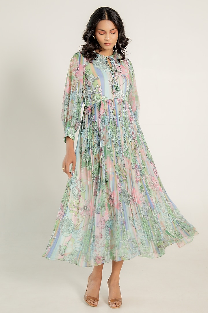 Mint Green Recycled Chiffon Floral Printed Flared Midi Summer Dress by AROOP SHOP INDIA at Pernia's Pop Up Shop