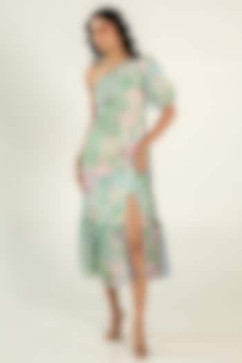 Mint Green Recycled Chiffon Floral Printed One-Shoulder Dress by AROOP SHOP INDIA