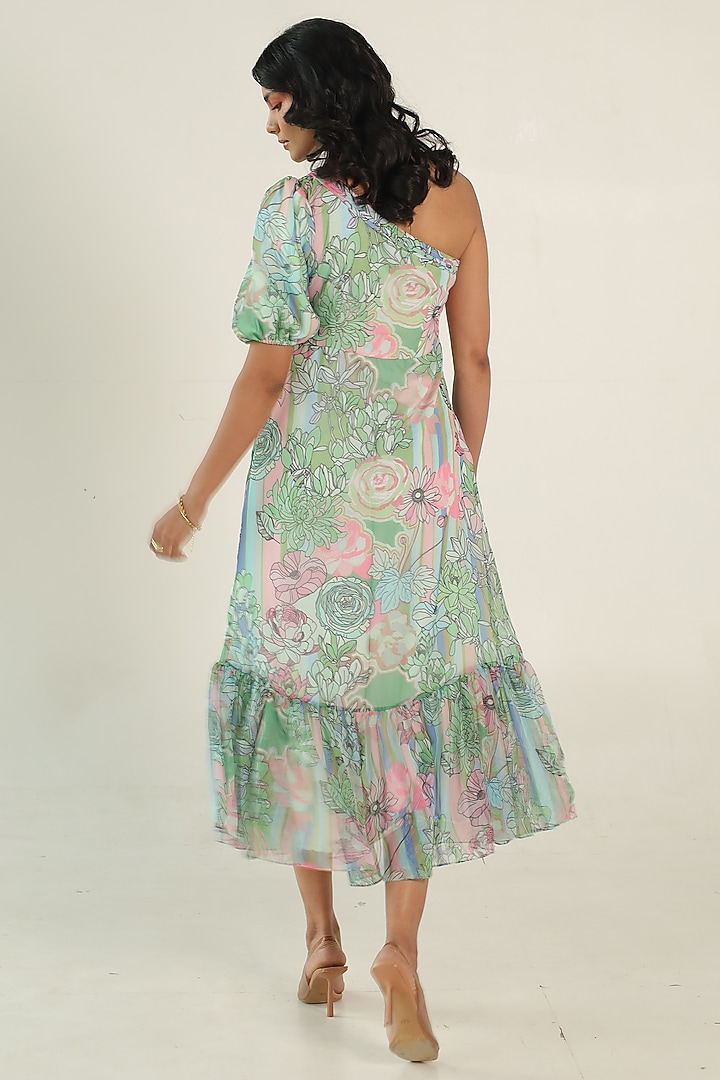 Mint Green Recycled Chiffon Floral Printed One-Shoulder Summer Dress by AROOP SHOP INDIA at Pernia's Pop Up Shop