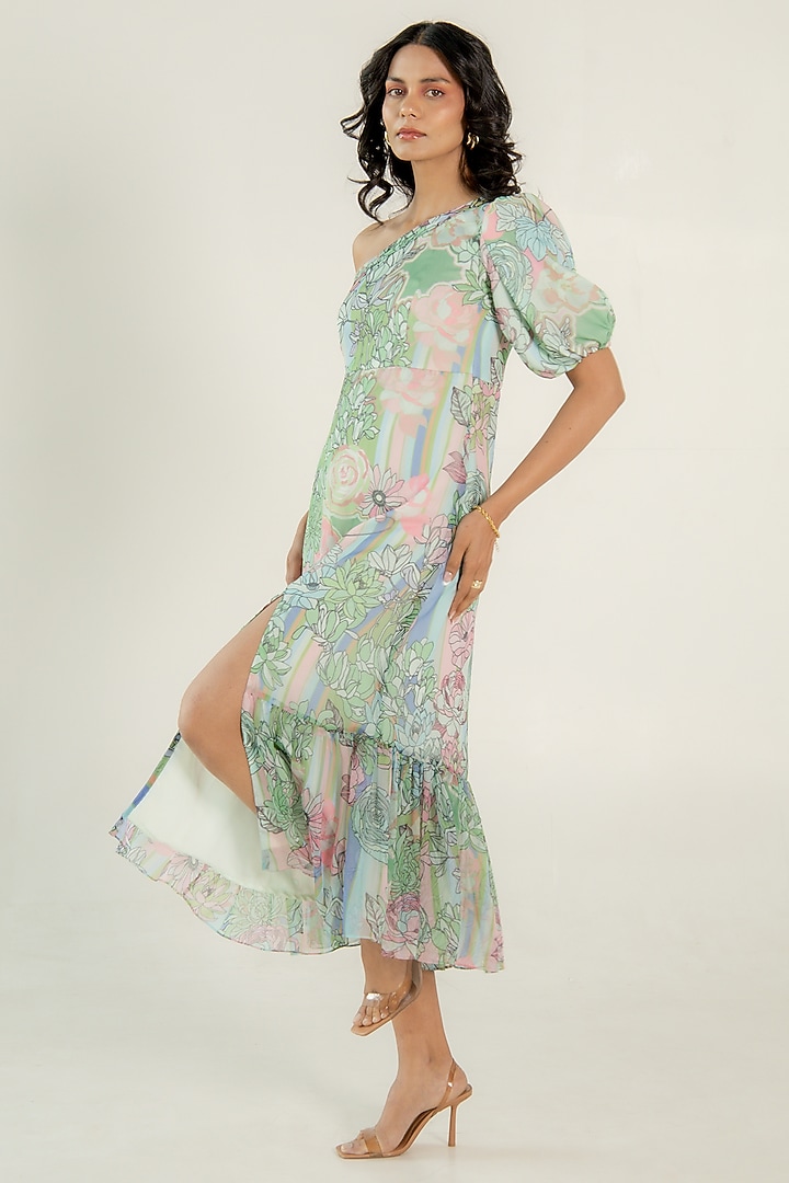 Mint Green Recycled Chiffon Floral Printed One-Shoulder Summer Dress by AROOP SHOP INDIA at Pernia's Pop Up Shop