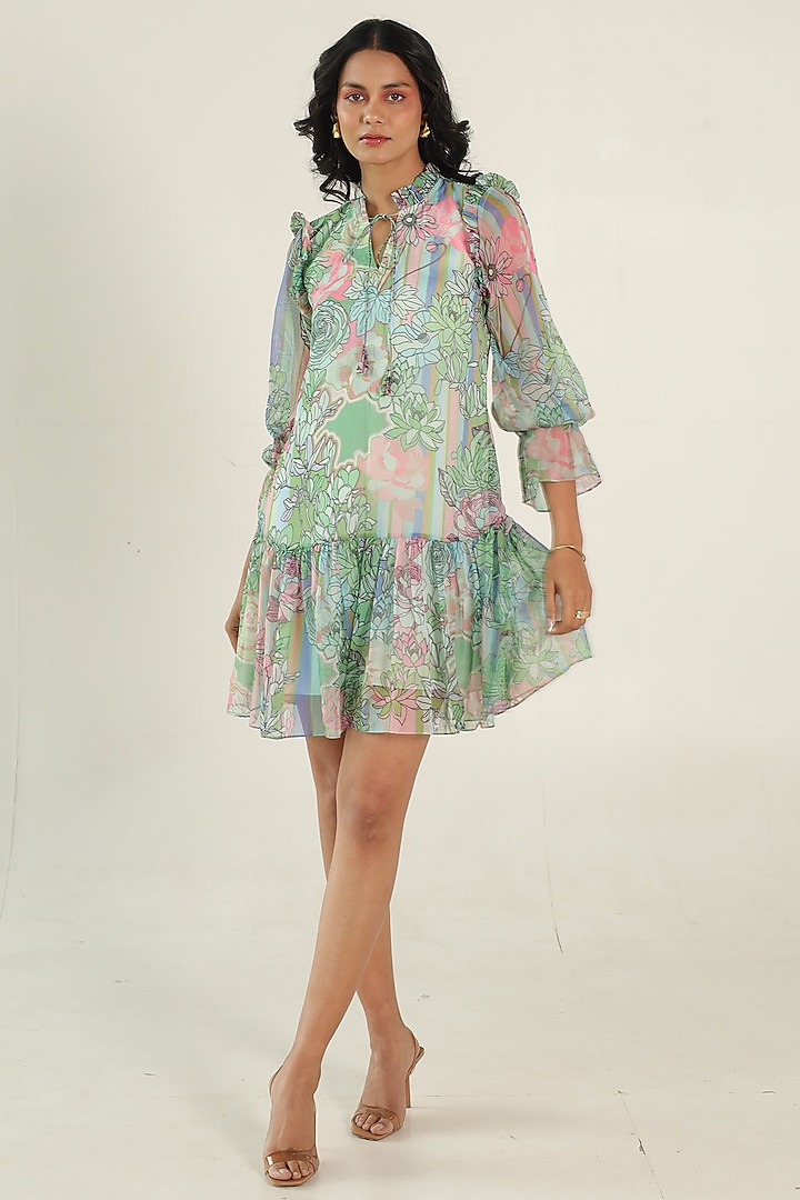 Mint Green Recycled Chiffon Floral Printed Flared Mini Dress by AROOP SHOP INDIA