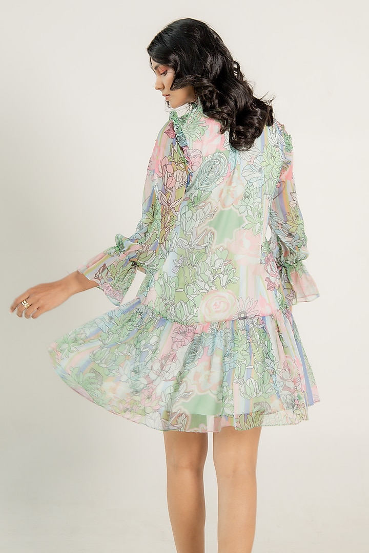 Mint Green Recycled Chiffon Floral Printed Flared Mini Summer Dress by AROOP SHOP INDIA at Pernia's Pop Up Shop