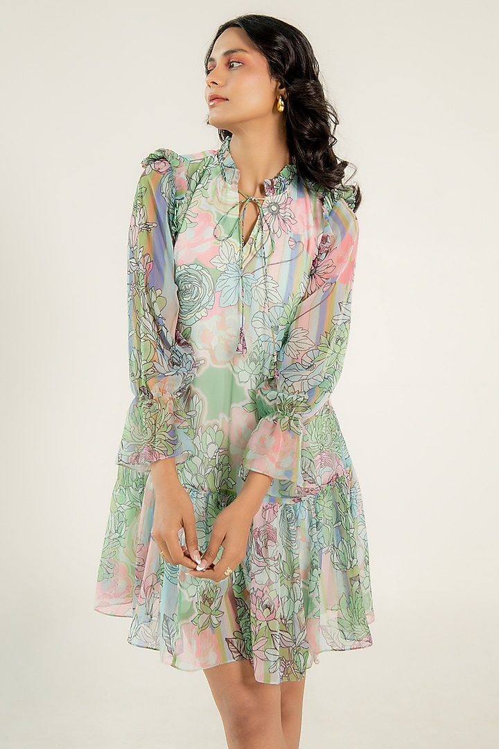 Mint Green Recycled Chiffon Floral Printed Flared Mini Summer Dress by AROOP SHOP INDIA at Pernia's Pop Up Shop