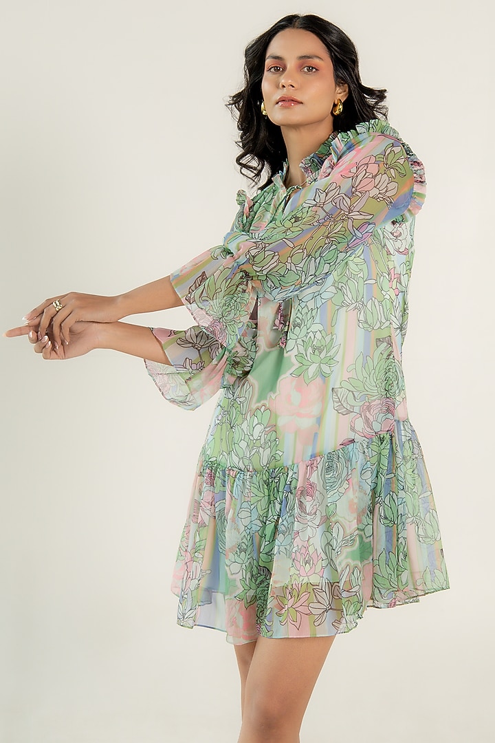 Mint Green Recycled Chiffon Floral Printed Flared Mini Summer Dress by AROOP SHOP INDIA at Pernia's Pop Up Shop