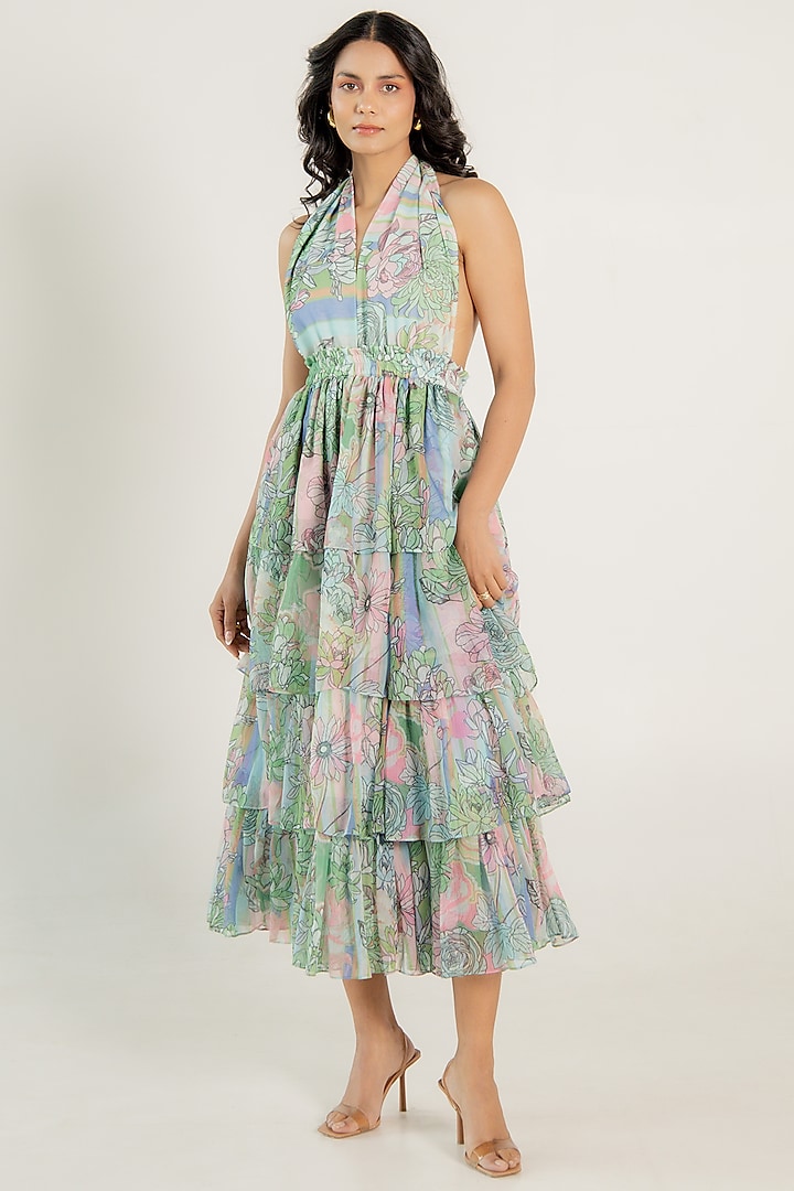 Mint Green Recycled Chiffon Floral Printed Ruffled Midi Dress by AROOP SHOP INDIA