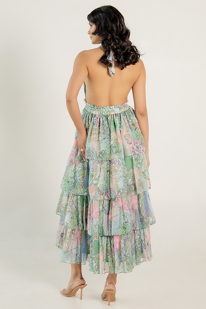 Mint Green Recycled Chiffon Floral Printed Ruffled Midi Vacation Dress by AROOP SHOP INDIA at Pernia's Pop Up Shop