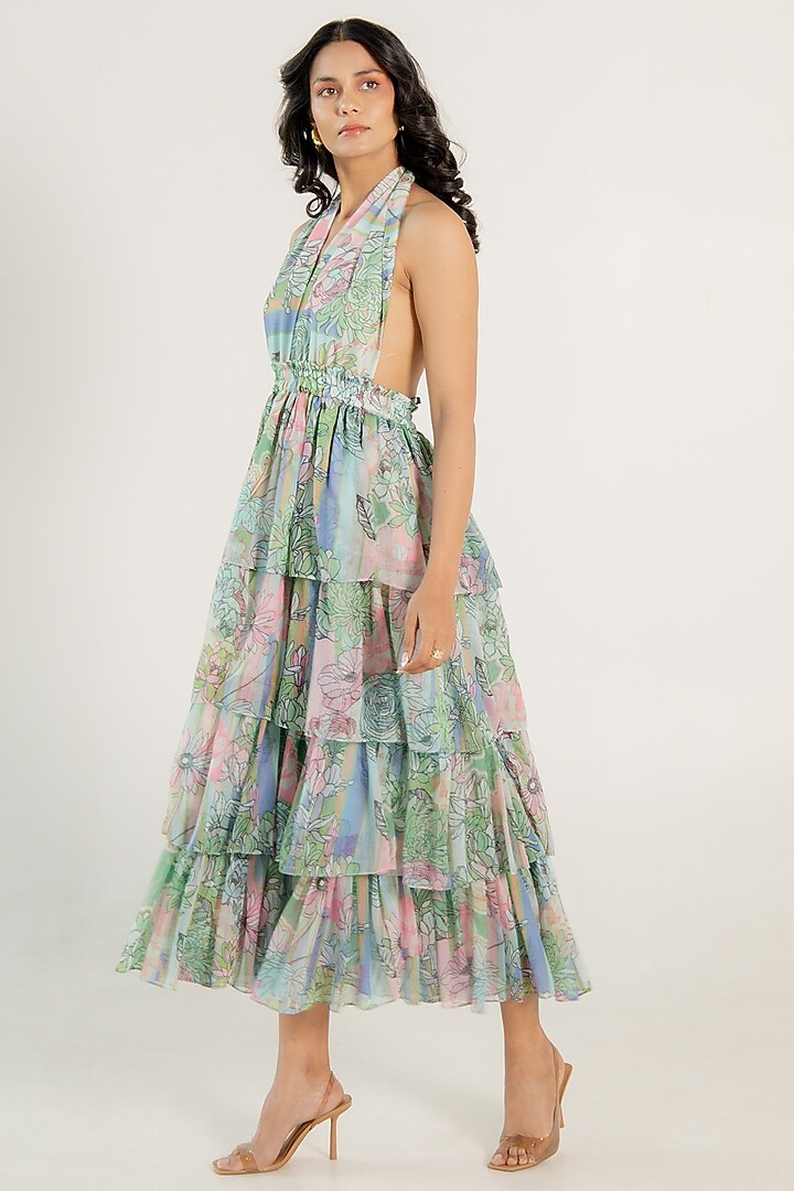 Mint Green Recycled Chiffon Floral Printed Ruffled Midi Vacation Dress by AROOP SHOP INDIA at Pernia's Pop Up Shop