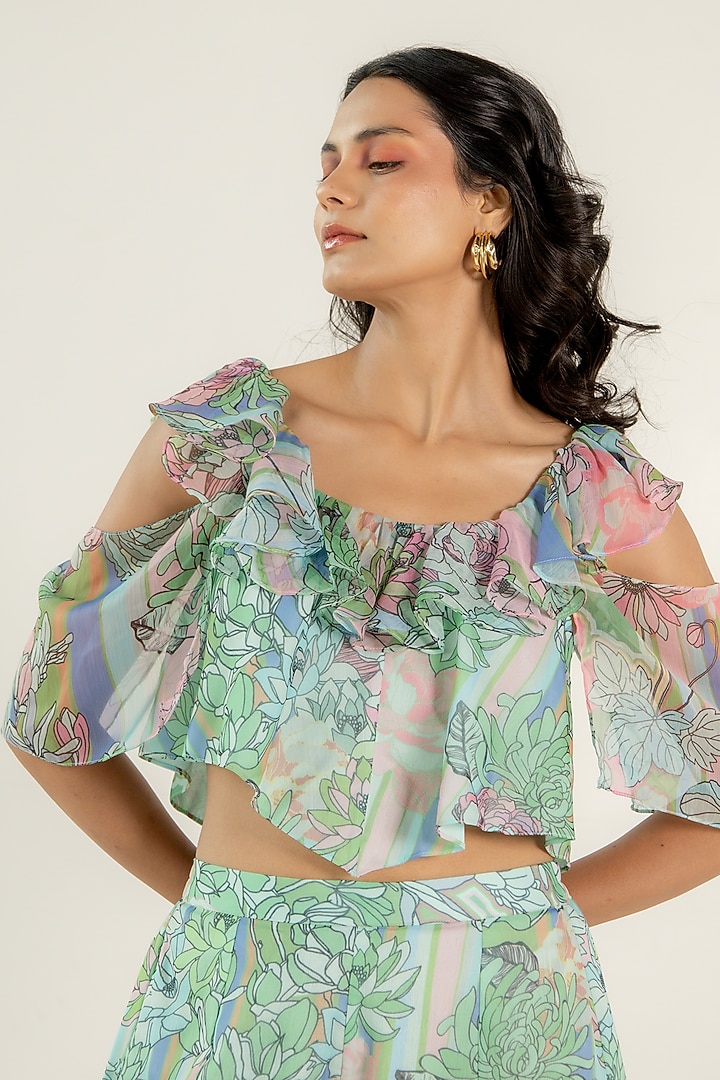 Mint Green Recycled Chiffon Floral Printed Co-Ord Set by AROOP SHOP INDIA at Pernia's Pop Up Shop