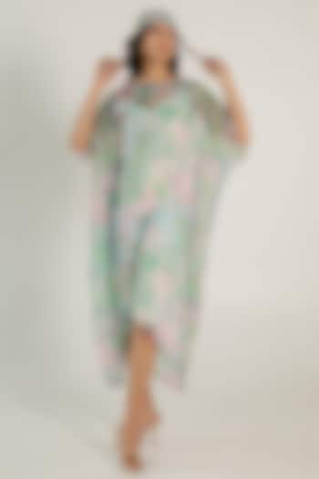 Mint Green Recycled Chiffon Floral Printed Kaftan by AROOP SHOP INDIA