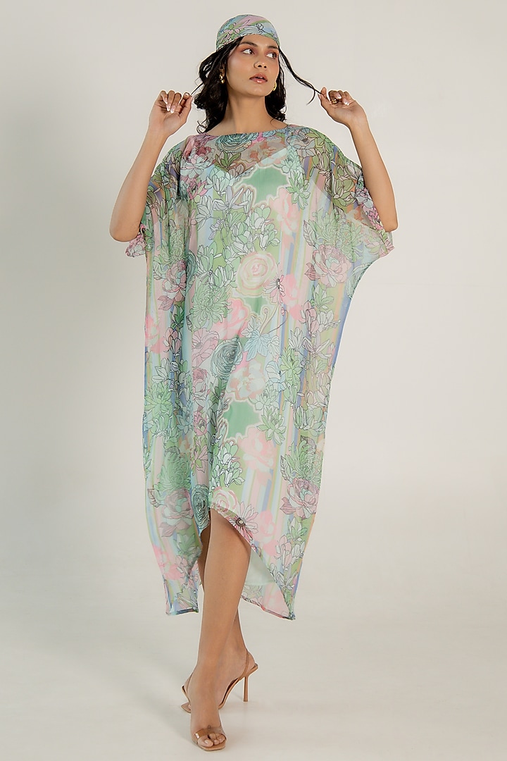 Mint Green Recycled Chiffon Floral Printed Kaftan by AROOP SHOP INDIA
