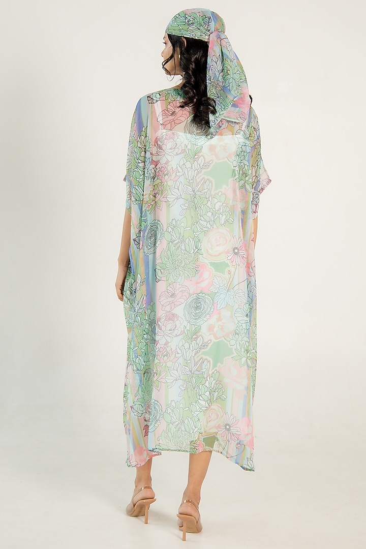 Mint Green Recycled Chiffon Floral Printed Kaftan by AROOP SHOP INDIA at Pernia's Pop Up Shop