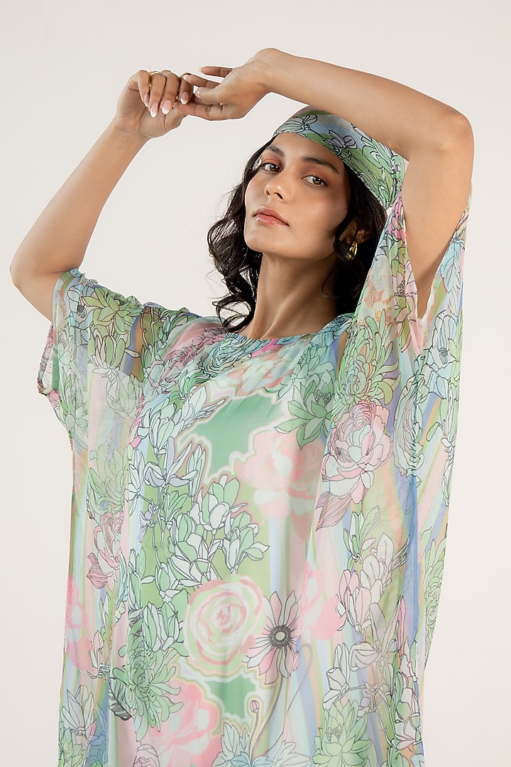 Mint Green Recycled Chiffon Floral Printed Kaftan by AROOP SHOP INDIA at Pernia's Pop Up Shop