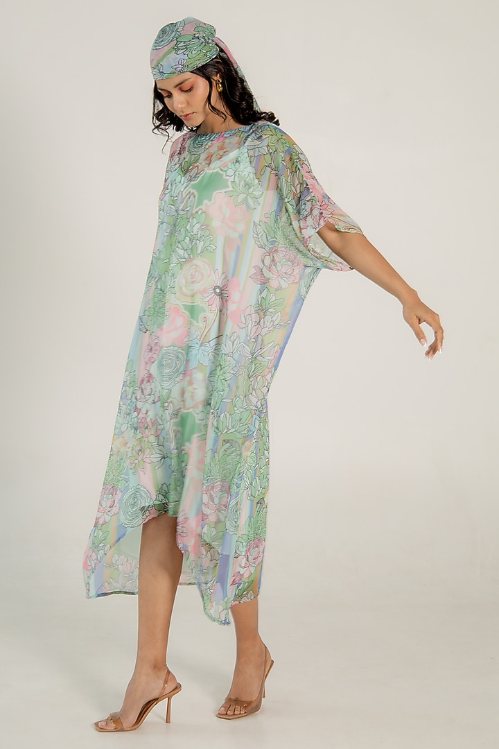 Mint Green Recycled Chiffon Floral Printed Kaftan by AROOP SHOP INDIA at Pernia's Pop Up Shop