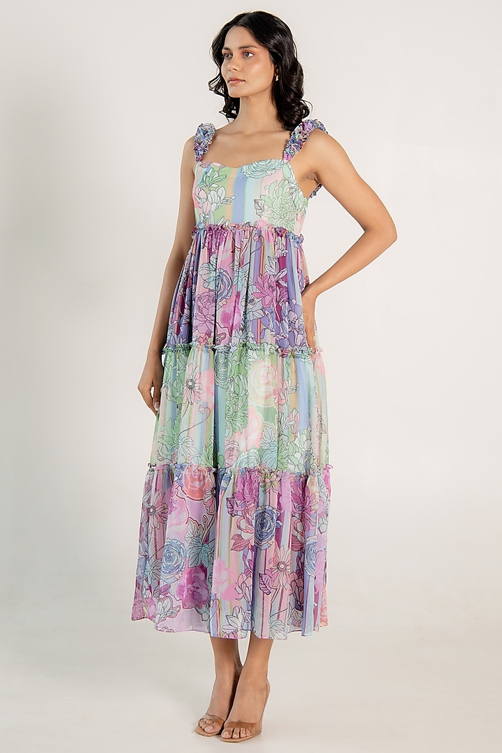 Mint Green Recycled Chiffon Floral Printed Tiered Dress by AROOP SHOP INDIA
