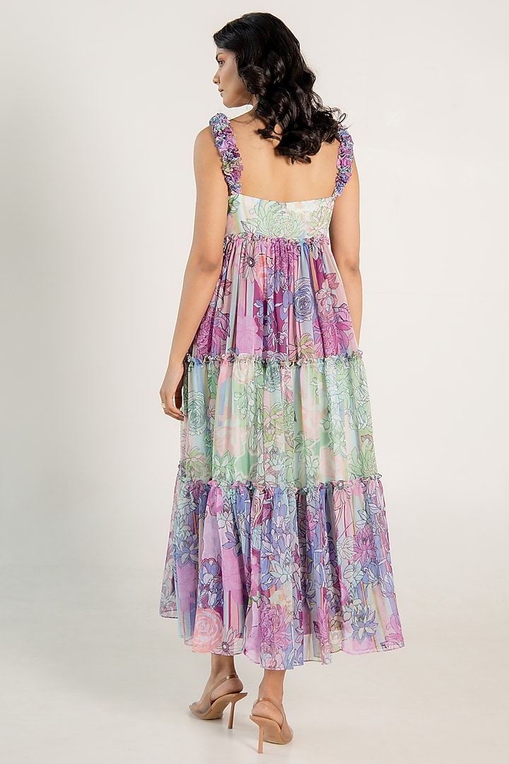 Mint Green Recycled Chiffon Floral Printed Tiered Summer Dress by AROOP SHOP INDIA at Pernia's Pop Up Shop