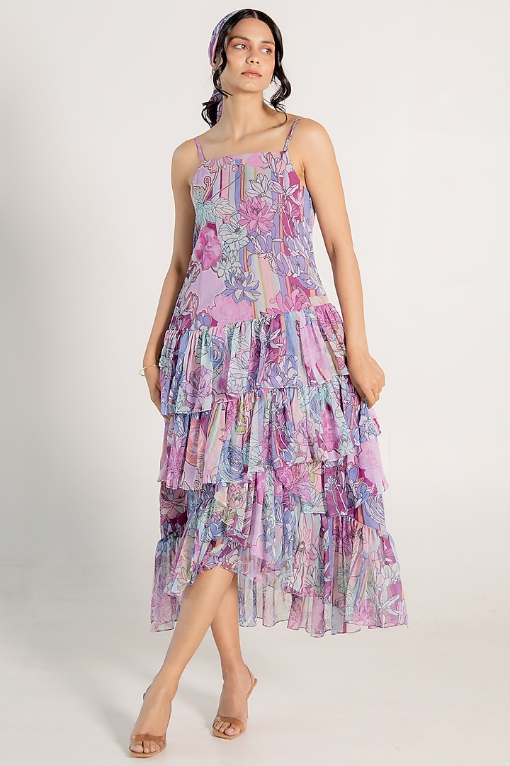 Mauve Recycled Chiffon Floral Printed Midi Dress by AROOP SHOP INDIA