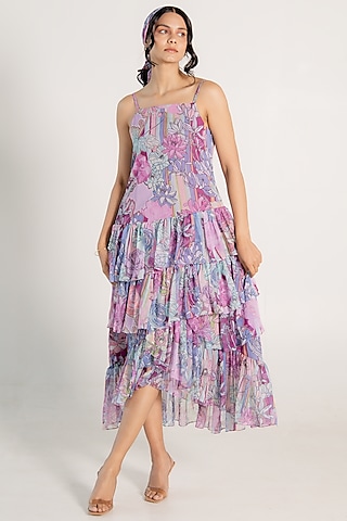 Mauve Recycled Chiffon Floral Printed Midi Dress by AROOP SHOP INDIA