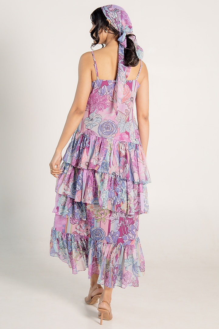 Mauve Recycled Chiffon Floral Printed Midi Vacation Dress by AROOP SHOP INDIA at Pernia's Pop Up Shop