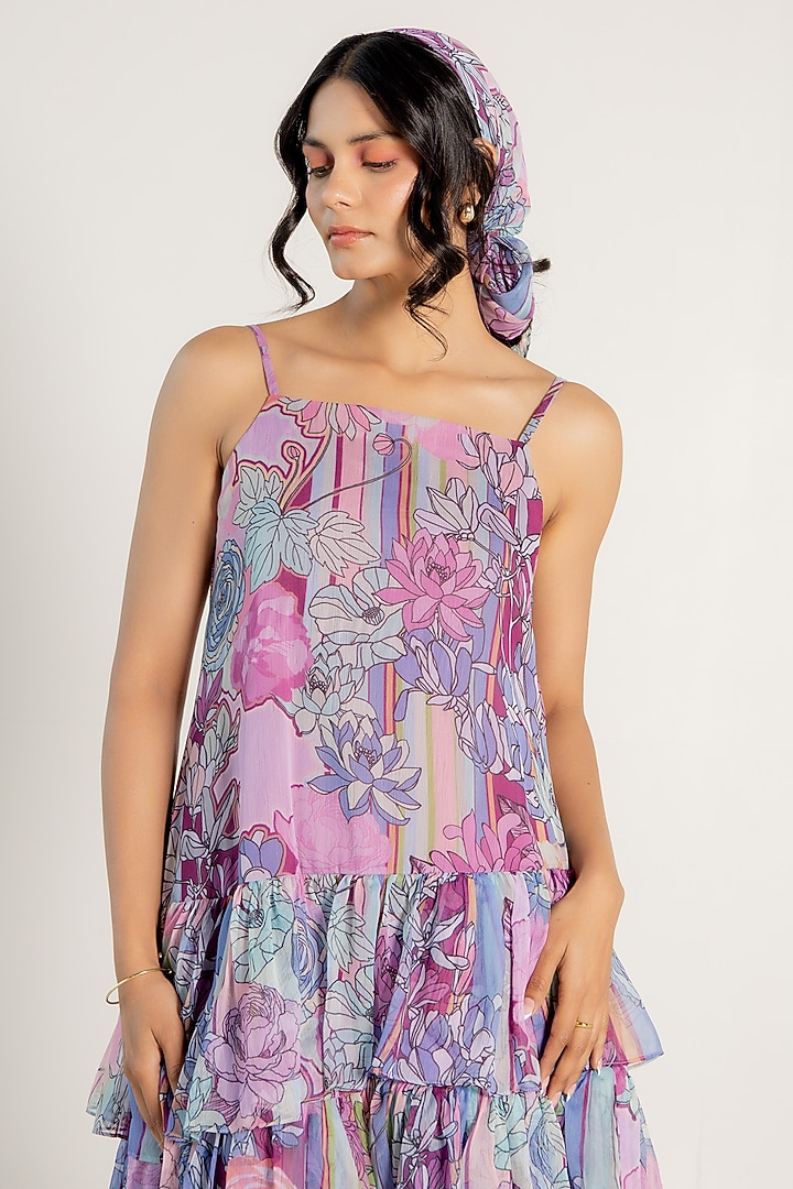 Mauve Recycled Chiffon Floral Printed Midi Vacation Dress by AROOP SHOP INDIA at Pernia's Pop Up Shop