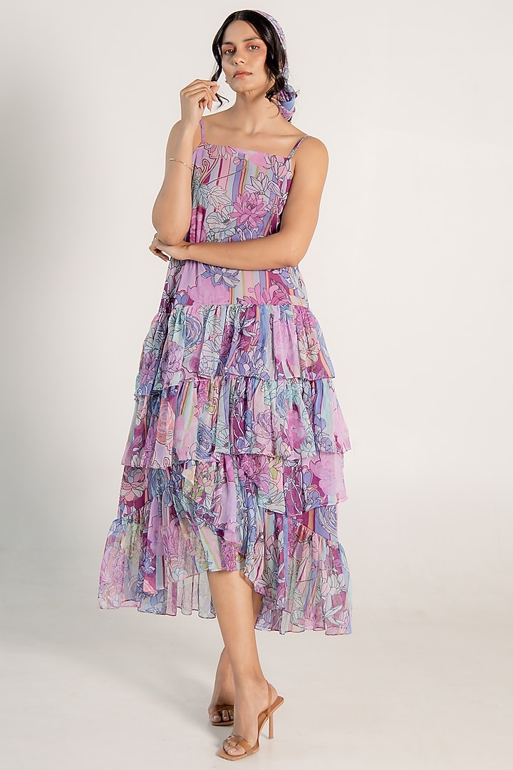 Mauve Recycled Chiffon Floral Printed Midi Vacation Dress by AROOP SHOP INDIA at Pernia's Pop Up Shop