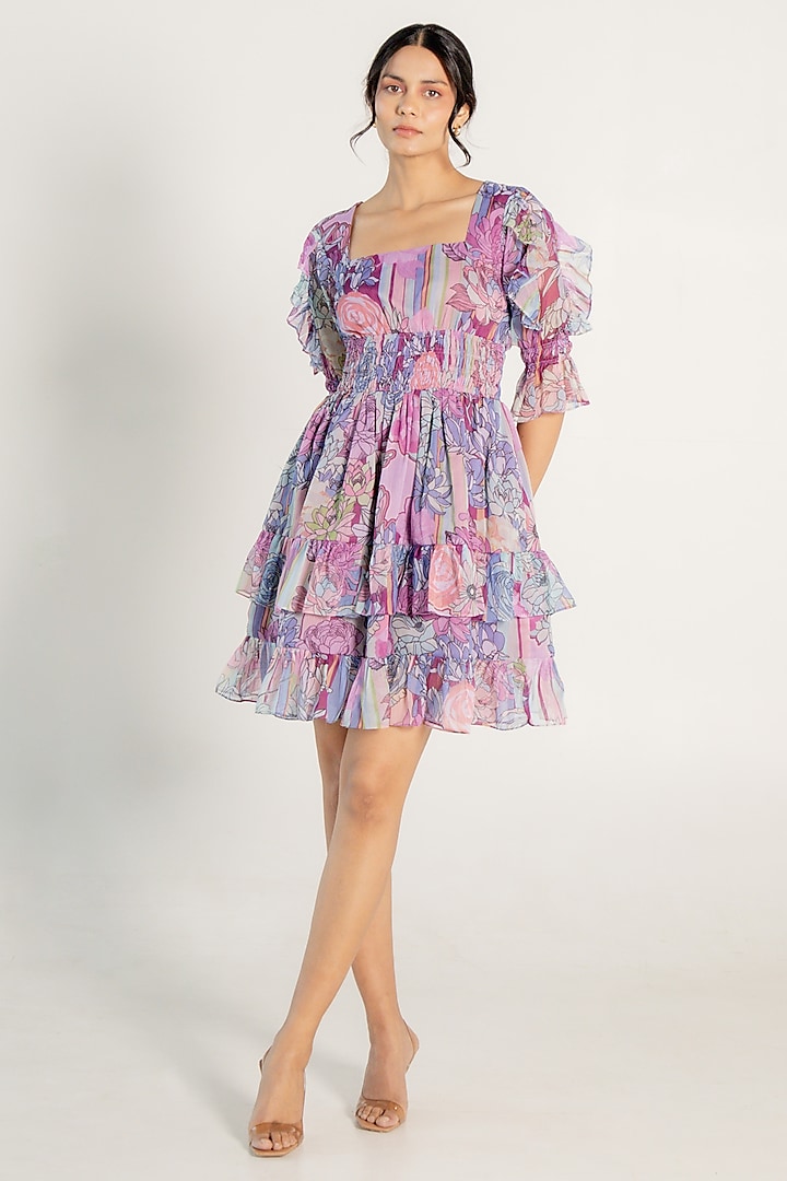 Mauve Recycled Chiffon Floral Printed Mini Dress by AROOP SHOP INDIA