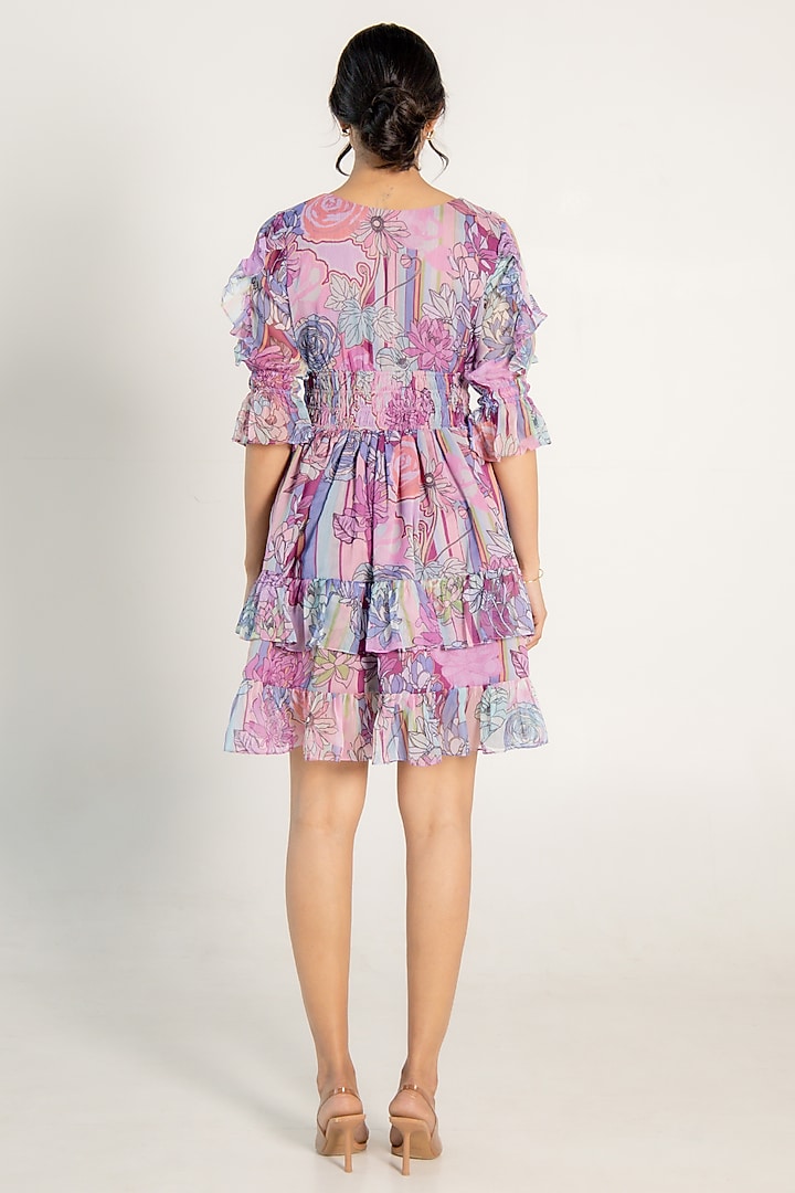 Mauve Recycled Chiffon Floral Printed Mini Summer Dress by AROOP SHOP INDIA at Pernia's Pop Up Shop
