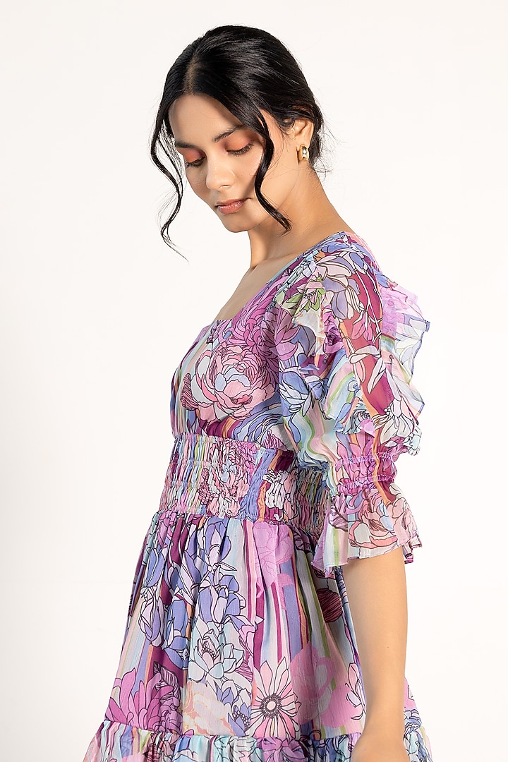 Mauve Recycled Chiffon Floral Printed Mini Summer Dress by AROOP SHOP INDIA at Pernia's Pop Up Shop